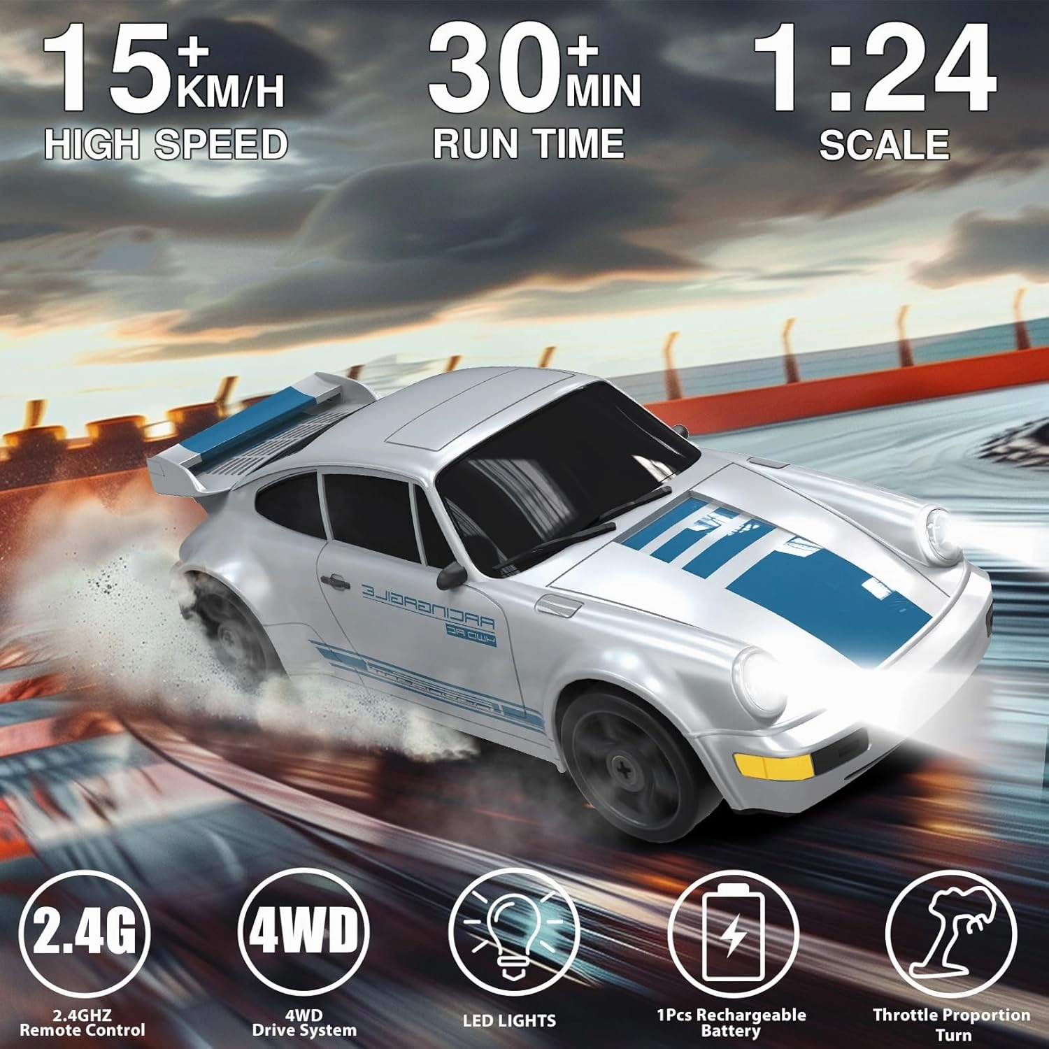 RC Drift Car 1:24 Remote Control Car 4WD 15KM/H High Speed Racing Sport Car with LED Lights RC Cars Toy Cars for Kids Boys Girls Adults Gifts Birthday Christmas Rechargeable Batteries