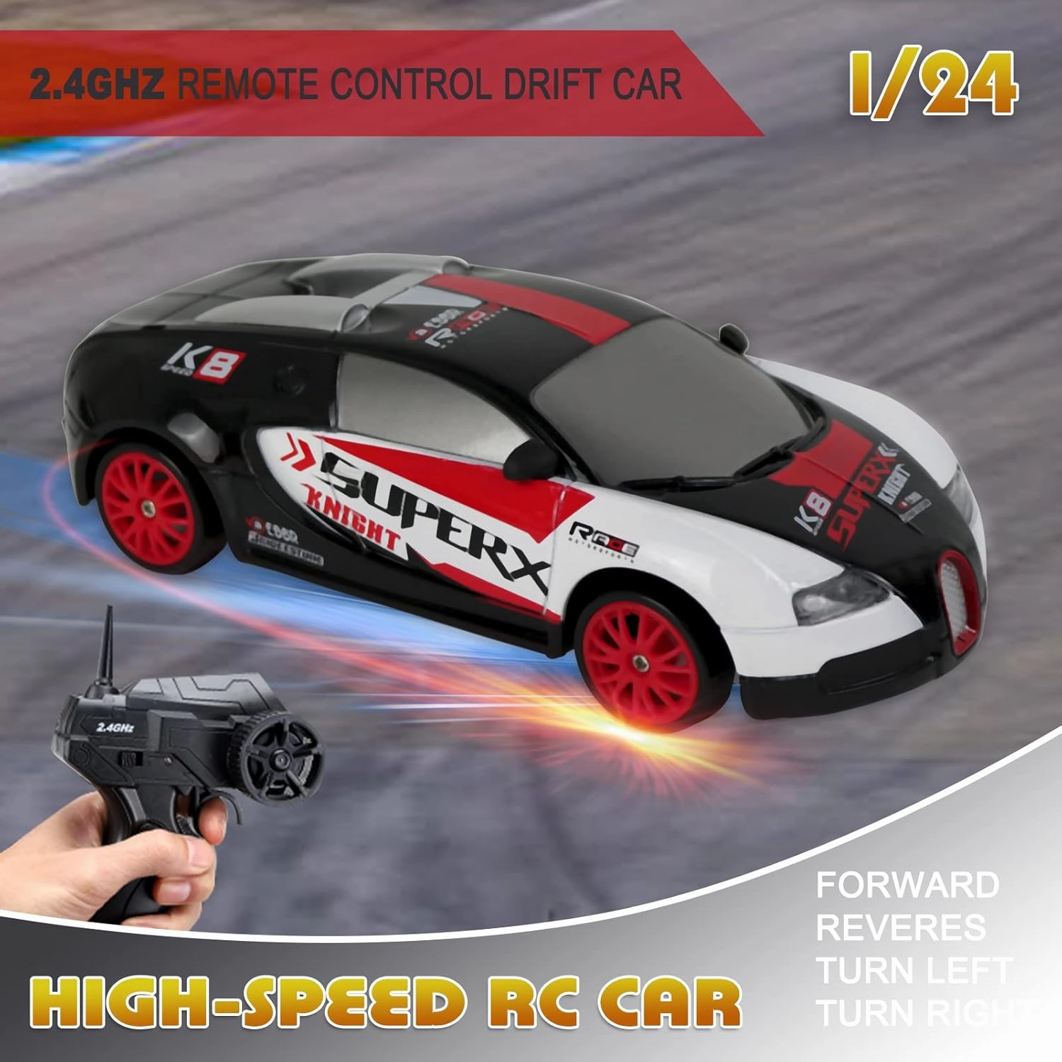 RC Drift Car Remote Control Car 2.4GHz 1:24 Scale 4WD 15KM/H High Speed Model Vehicle LED Lights Drifting Tire Racing Sport Toy Car for Adult Boys Girls Kids Gift 2Pcs Rechargeable Batterie