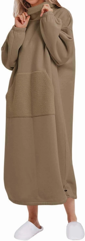 ReachMe Womens Oversized Long Fleece Sweatshirt Dresses Thickening Lounge Maxi Dress Plush Turtleneck Pullover Nightgowns