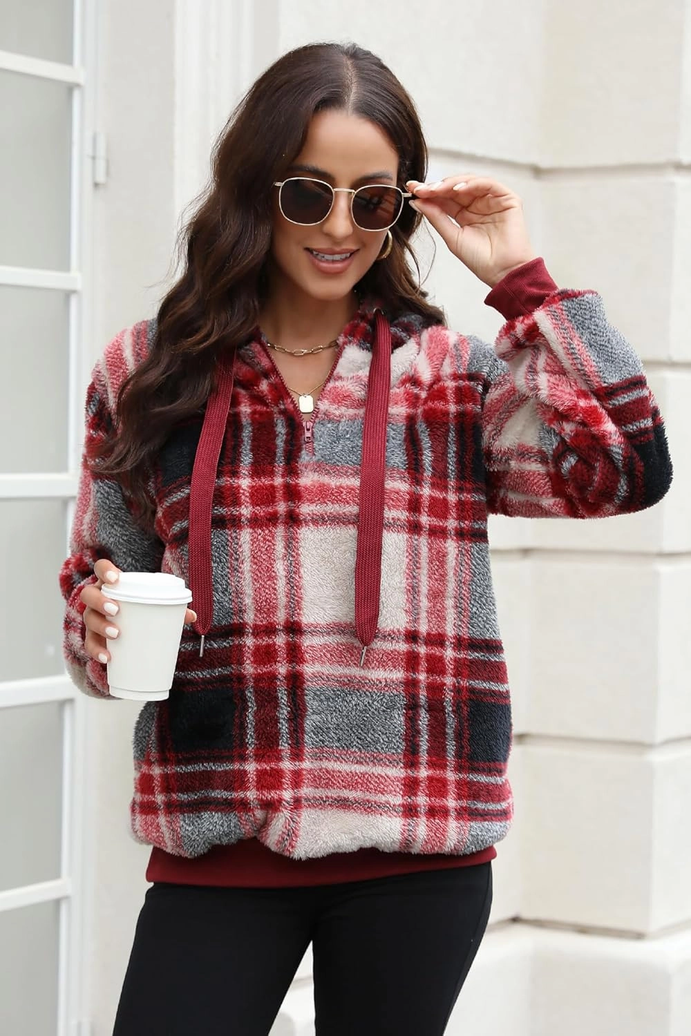 ReachMe Womens Oversized Sherpa Pullover Hoodie with Pockets Fuzzy Fleece Sweatshirt Plaid Fluffy Jacket Coat