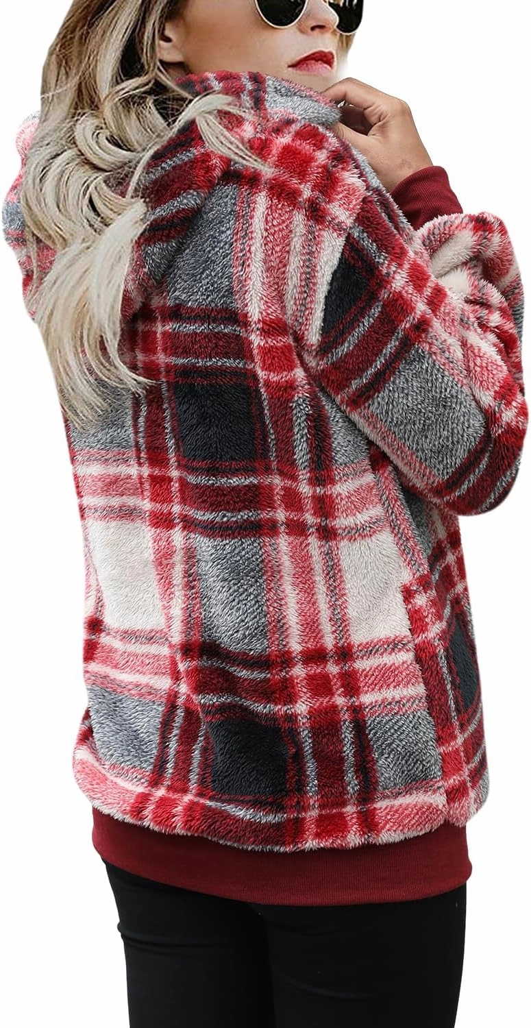 ReachMe Womens Oversized Sherpa Pullover Hoodie with Pockets Fuzzy Fleece Sweatshirt Plaid Fluffy Jacket Coat