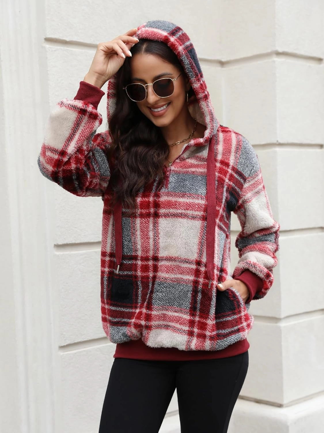 ReachMe Womens Oversized Sherpa Pullover Hoodie with Pockets Fuzzy Fleece Sweatshirt Plaid Fluffy Jacket Coat