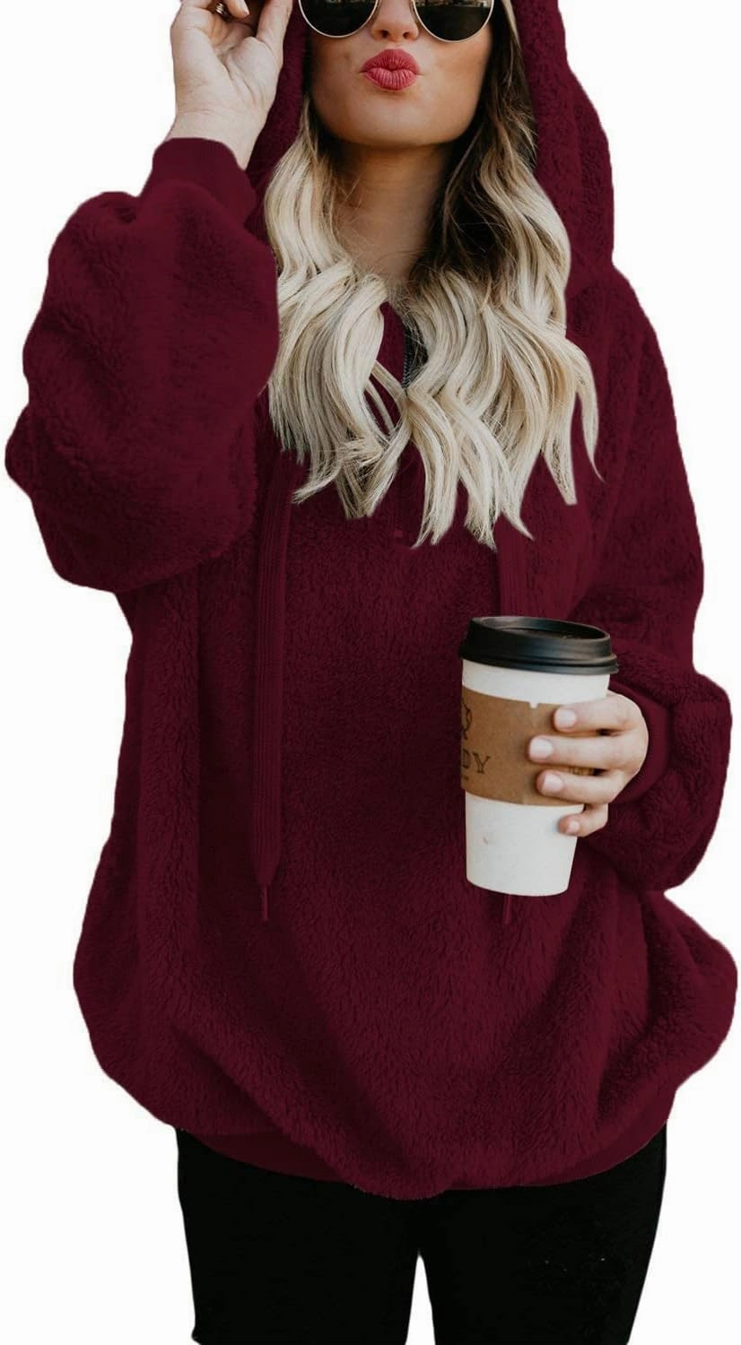 ReachMe Womens Oversized Sherpa Pullover Hoodie with Pockets Fuzzy Fleece Sweatshirt Plaid Fluffy Jacket Coat