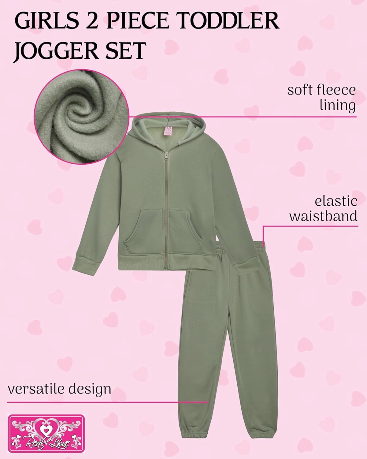 Real Love Toddler Girls' Jogger Set - 4 Piece Full Zip Up Hoodie and Jogger Pants - Active Set for Little Girls (Sizes:2T-6X)