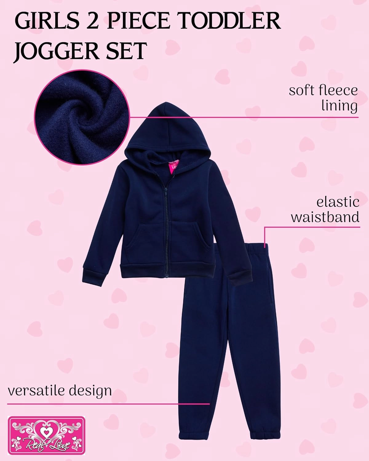 Real Love Toddler Girls' Jogger Set - 4 Piece Full Zip Up Hoodie and Jogger Pants - Active Set for Little Girls (Sizes:2T-6X)