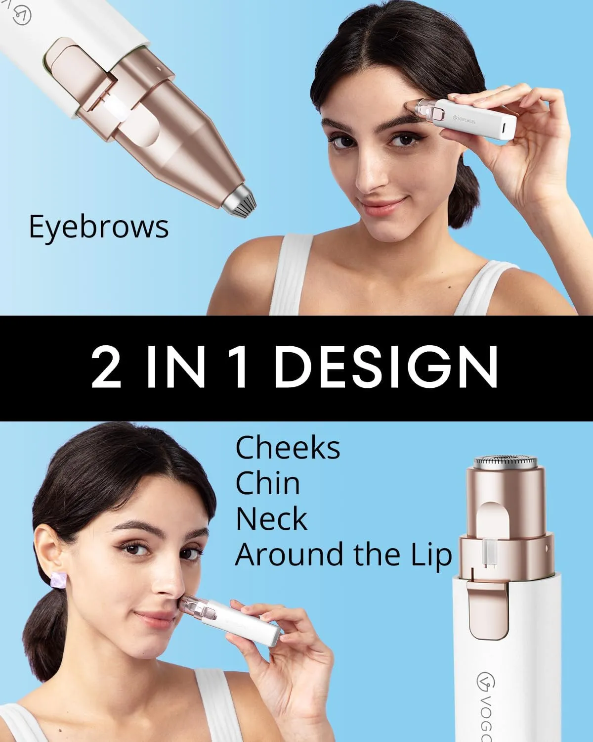 Rechargeable Facial Hair Remover for Women: 2 in 1 Electric Eyebrow and Facial Hair Remover - Suitable for Middle-aged Women’s Eyebrow, Chin, and Cheek Trimming - with Built-in LED Light (White)