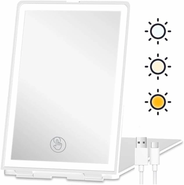 Rechargeable Travel Makeup Mirror with Lights, Portable Makeup Mirror with Lights, 10x Magnification, 3 Dimming Colours