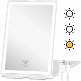 Rechargeable Travel Makeup Mirror with Lights, Portable Makeup Mirror with Lights, 10x Magnification, 3 Dimming Colours