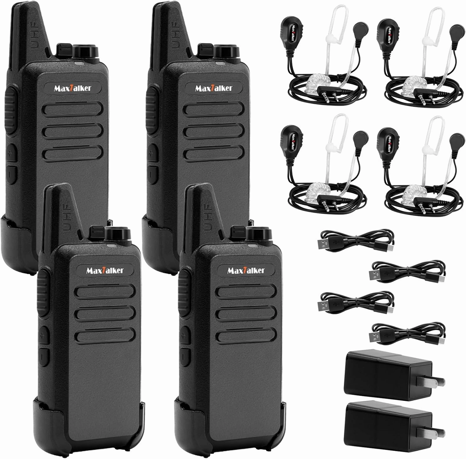 Rechargeable Walkie Talkies Long Range: MaxTalker MT1 Portable FRS Two Way Radios, Walkie Talkie Earpiece with Mic, Radios Walkie Talkies for Adults Cruise Ship Hiking Skiing, Walky Talky 4 Pack