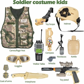 RedCrab Kids Army Costume, 12 Pcs Military Soldier Combat Dress Up Set for Aged 3-12 Toddlers, Camouflage War Accessories Halloween Role Play Costume for Chirldren Boys