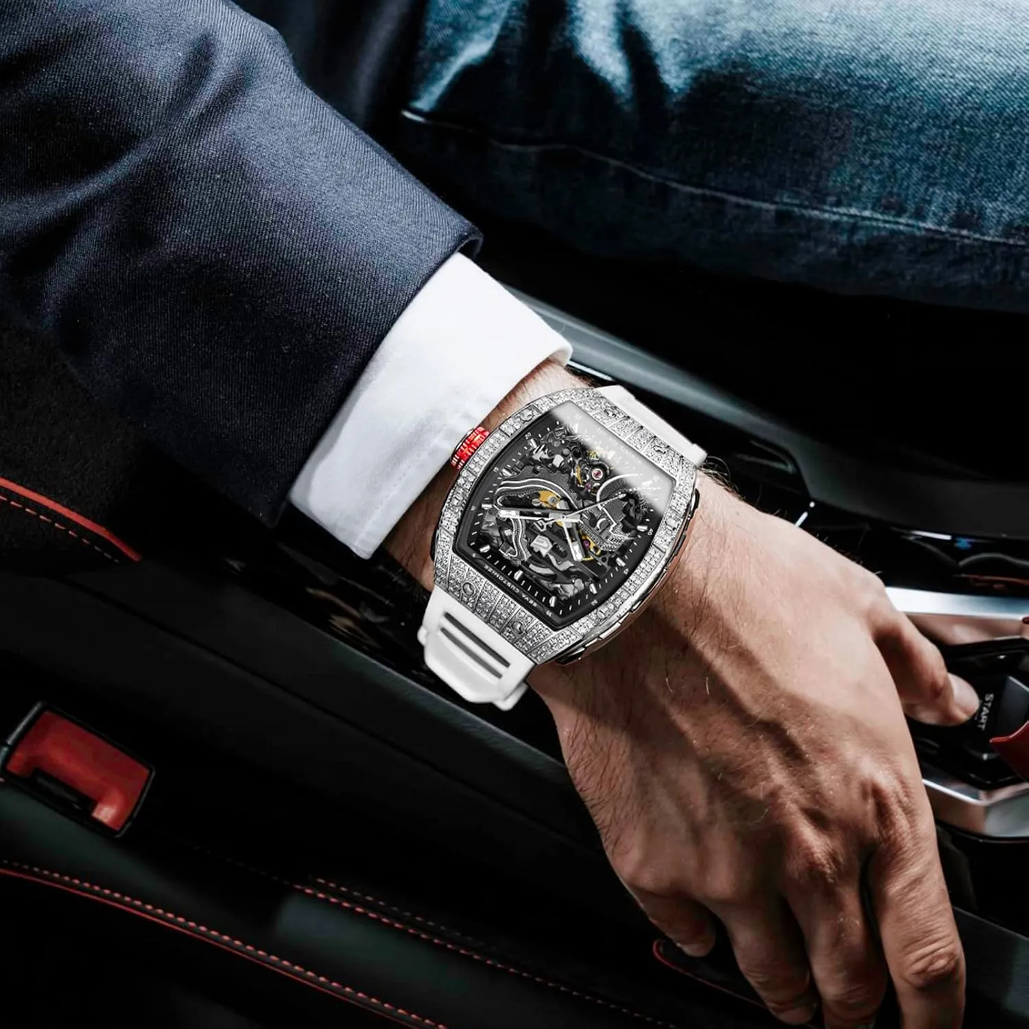 Redhai Automatic Mechanical Watch Skeleton Stainless 50M Waterproof Anti Shock Casual Diver Men Wrist Watch Sterling Watches Chronograph Analog Business Casual Fashion Adjustable Silicone Band