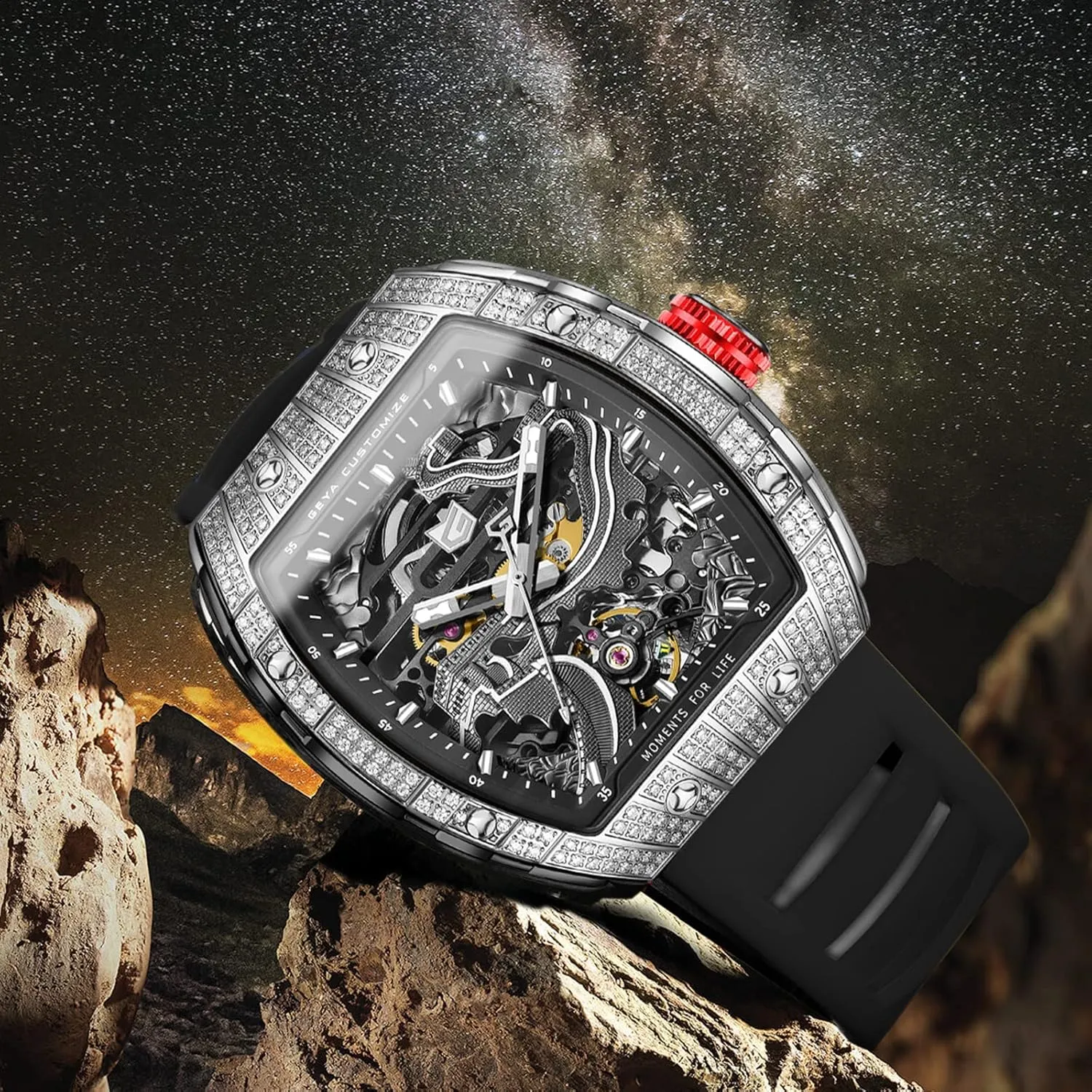 Redhai Automatic Mechanical Watch Skeleton Stainless 50M Waterproof Anti Shock Casual Diver Men Wrist Watch Sterling Watches Chronograph Analog Business Casual Fashion Adjustable Silicone Band