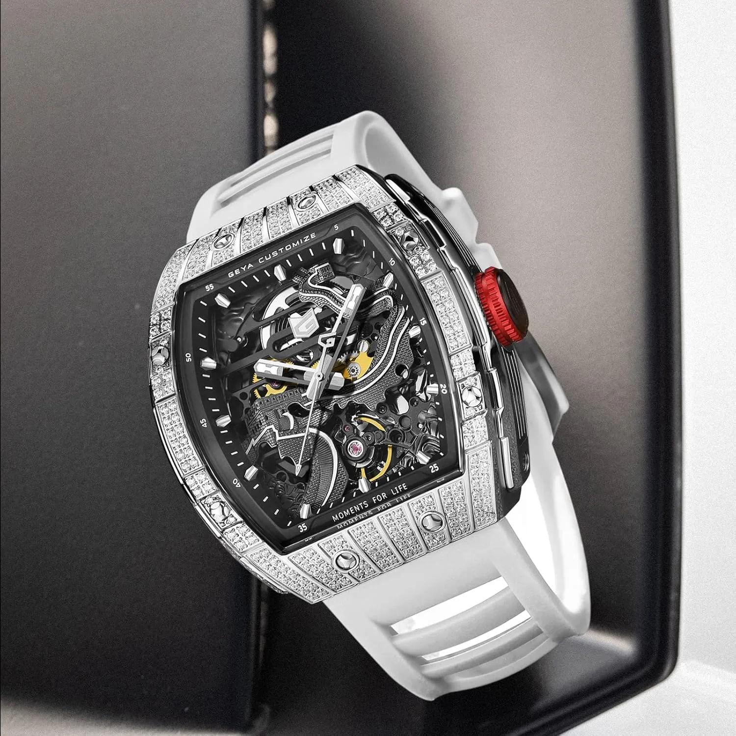 Redhai Automatic Mechanical Watch Skeleton Stainless 50M Waterproof Anti Shock Casual Diver Men Wrist Watch Sterling Watches Chronograph Analog Business Casual Fashion Adjustable Silicone Band