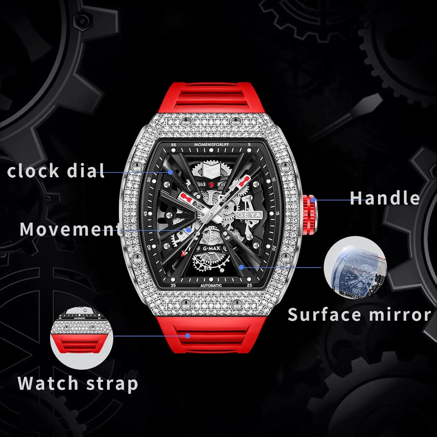 Redhai Automatic Mechanical Watch Skeleton Stainless 50M Waterproof Anti Shock Casual Diver Men Wrist Watch Sterling Watches Chronograph Analog Business Casual Fashion Adjustable Silicone Band