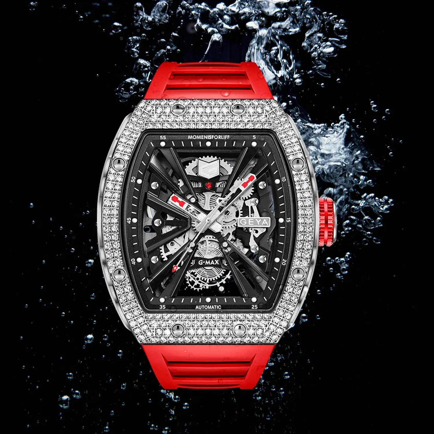 Redhai Automatic Mechanical Watch Skeleton Stainless 50M Waterproof Anti Shock Casual Diver Men Wrist Watch Sterling Watches Chronograph Analog Business Casual Fashion Adjustable Silicone Band