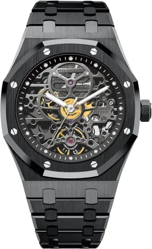 Redhai Automatic Mechanical Watch Skeleton Stainless 50M Waterproof Anti Shock Casual Diver Men Wrist Watch Sterling Watches Chronograph Analog Business Casual Fashion Adjustable Silicone Band