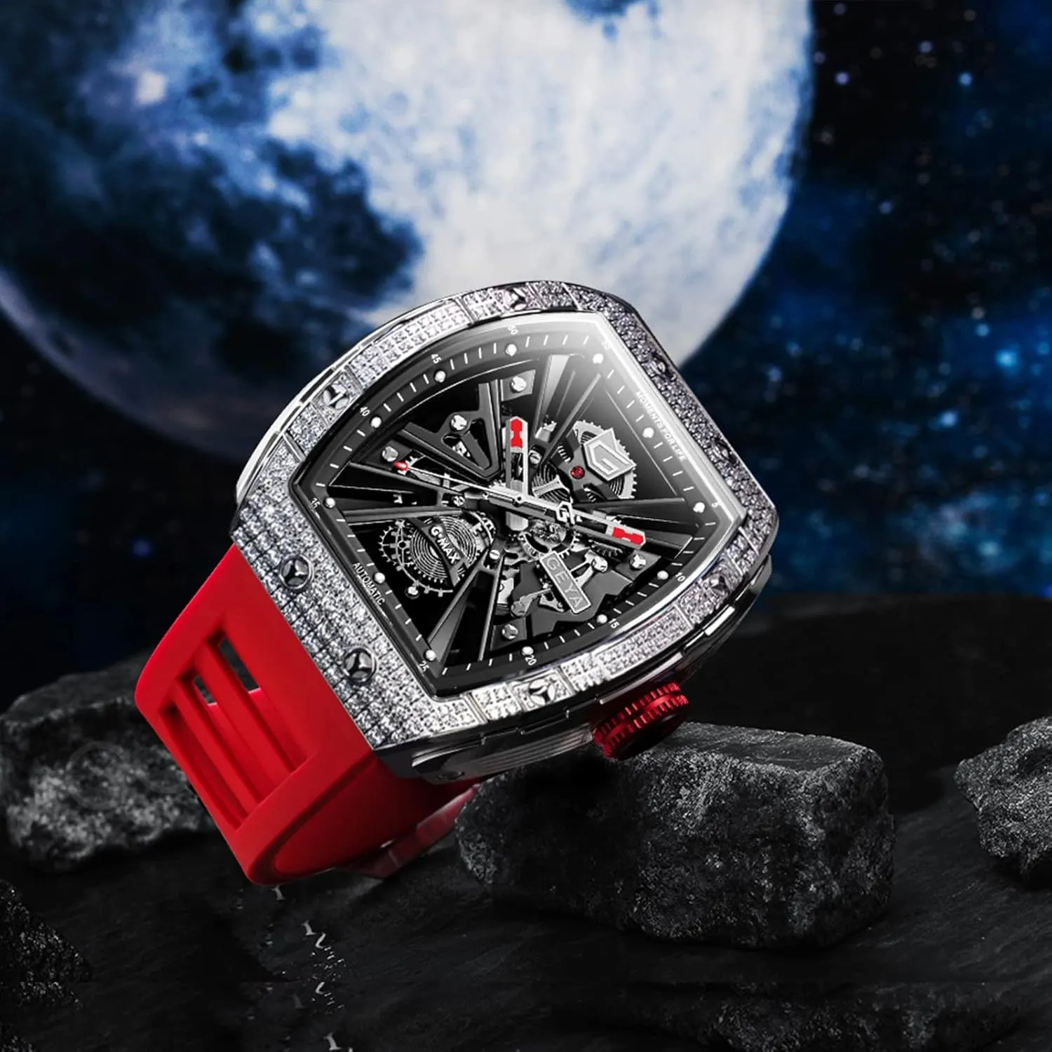 Redhai Automatic Mechanical Watch Skeleton Stainless 50M Waterproof Anti Shock Casual Diver Men Wrist Watch Sterling Watches Chronograph Analog Business Casual Fashion Adjustable Silicone Band
