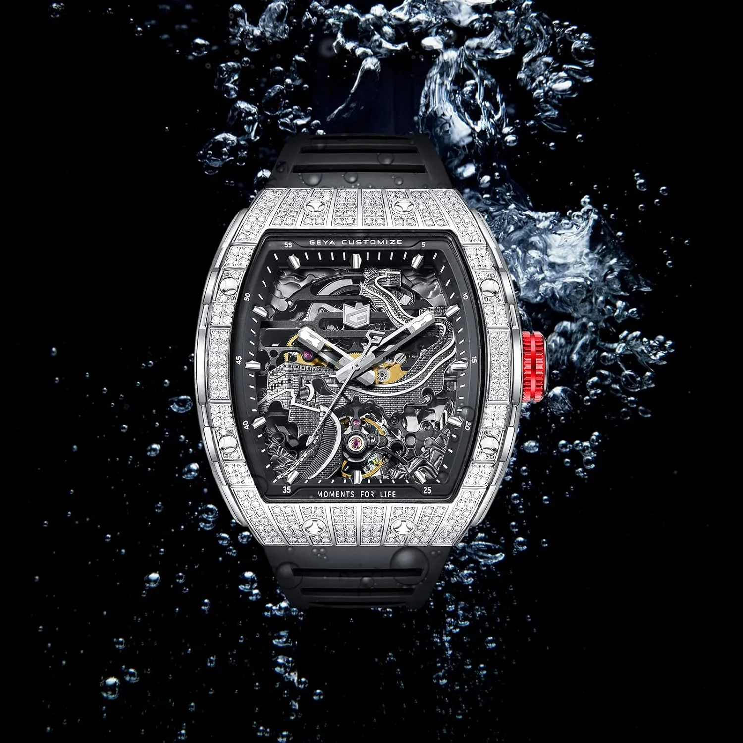 Redhai Automatic Mechanical Watch Skeleton Stainless 50M Waterproof Anti Shock Casual Diver Men Wrist Watch Sterling Watches Chronograph Analog Business Casual Fashion Adjustable Silicone Band