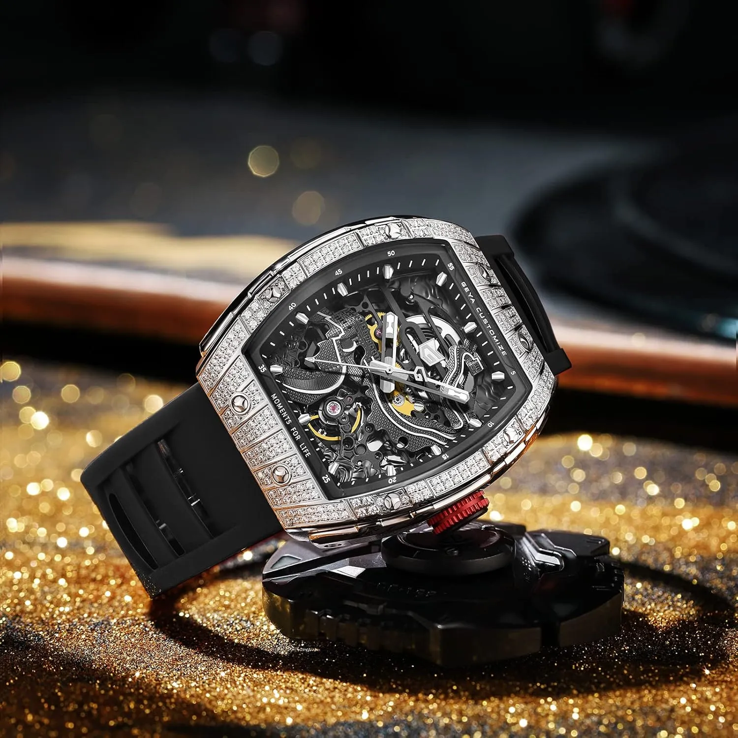Redhai Automatic Mechanical Watch Skeleton Stainless 50M Waterproof Anti Shock Casual Diver Men Wrist Watch Sterling Watches Chronograph Analog Business Casual Fashion Adjustable Silicone Band