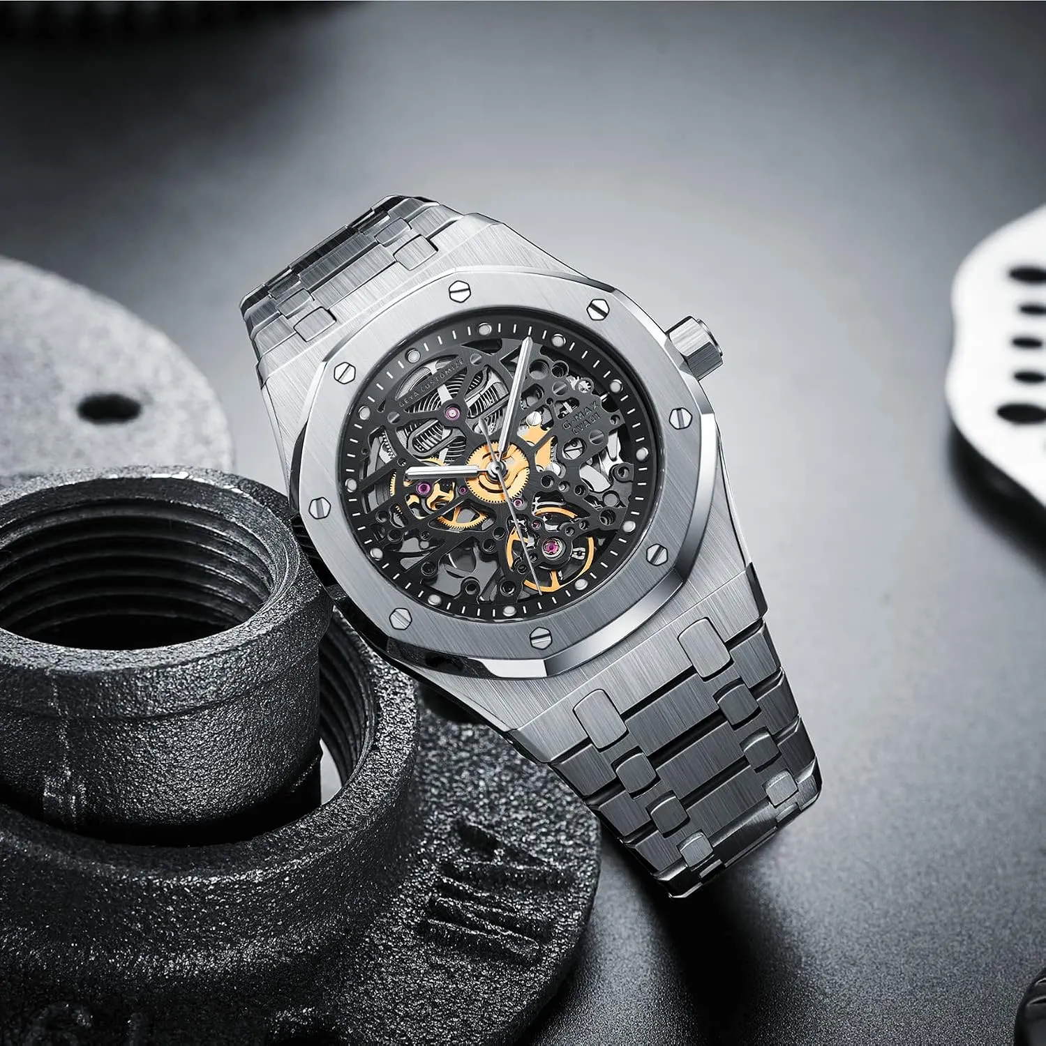 Redhai Automatic Mechanical Watch Skeleton Stainless 50M Waterproof Anti Shock Casual Diver Men Wrist Watch Sterling Watches Chronograph Analog Business Casual Fashion Adjustable Silicone Band