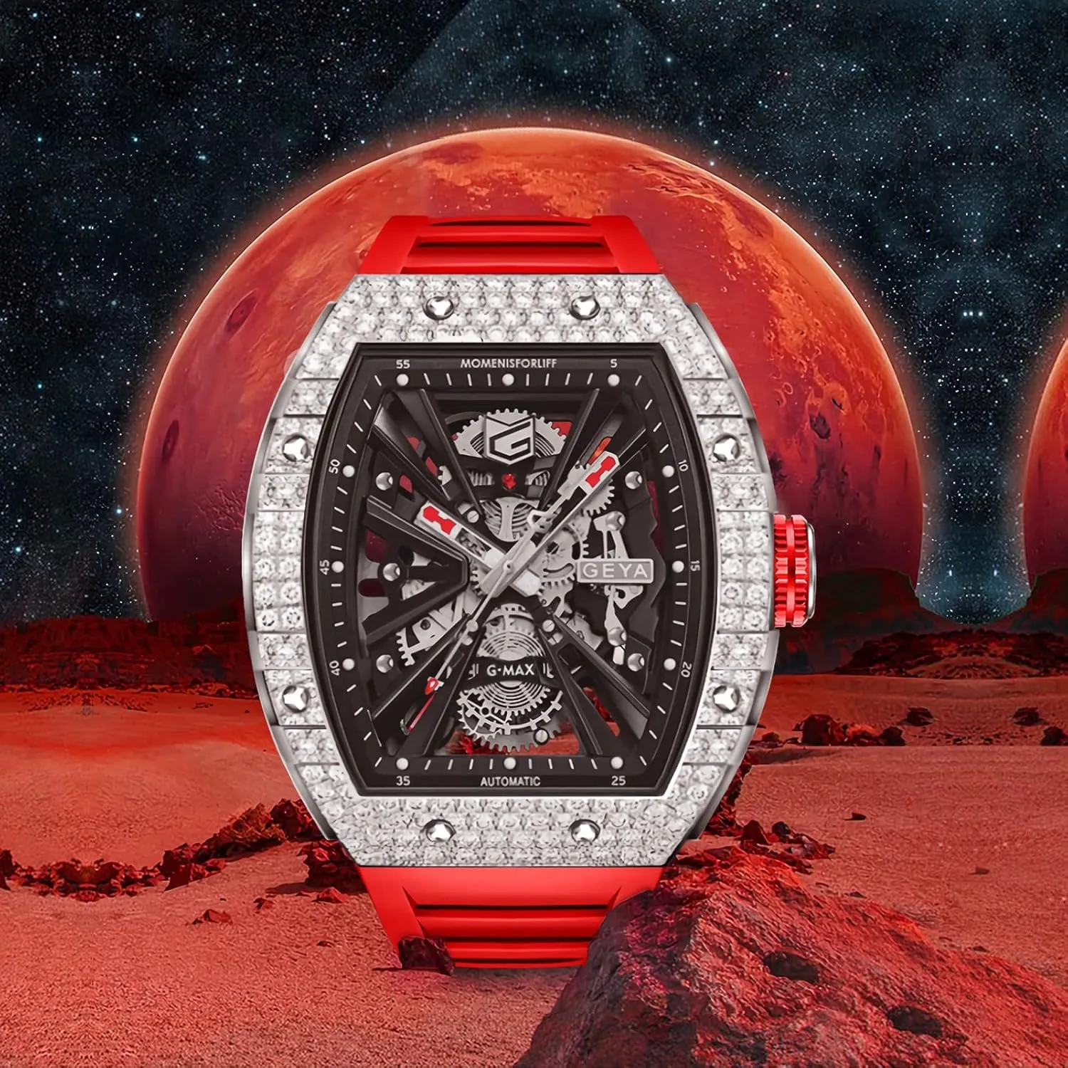 Redhai Automatic Mechanical Watch Skeleton Stainless 50M Waterproof Anti Shock Casual Diver Men Wrist Watch Sterling Watches Chronograph Analog Business Casual Fashion Adjustable Silicone Band