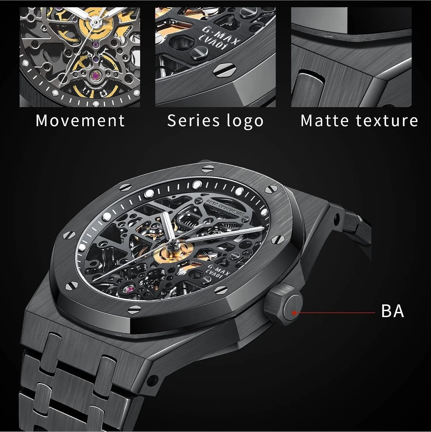 Redhai Automatic Mechanical Watch Skeleton Stainless 50M Waterproof Anti Shock Casual Diver Men Wrist Watch Sterling Watches Chronograph Analog Business Casual Fashion Adjustable Silicone Band