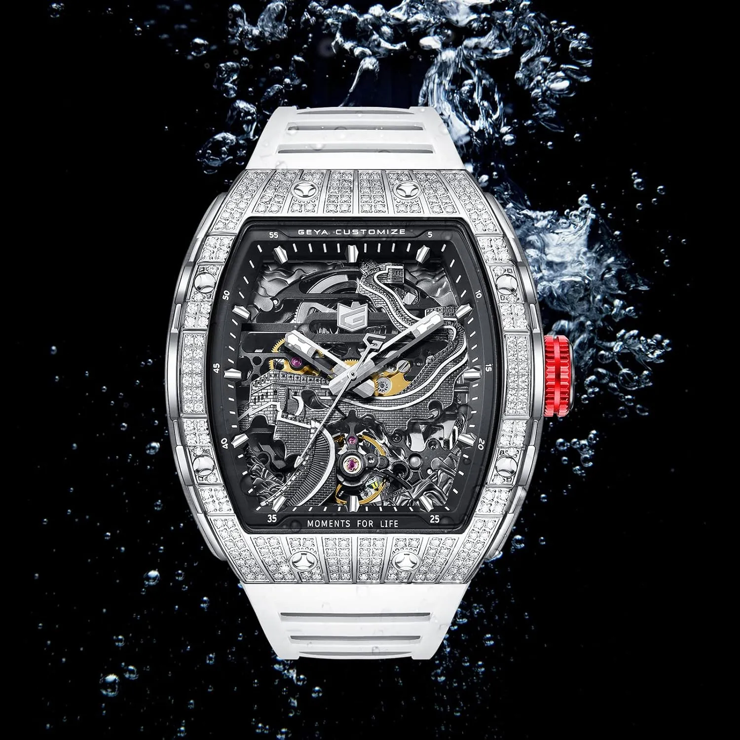 Redhai Automatic Mechanical Watch Skeleton Stainless 50M Waterproof Anti Shock Casual Diver Men Wrist Watch Sterling Watches Chronograph Analog Business Casual Fashion Adjustable Silicone Band