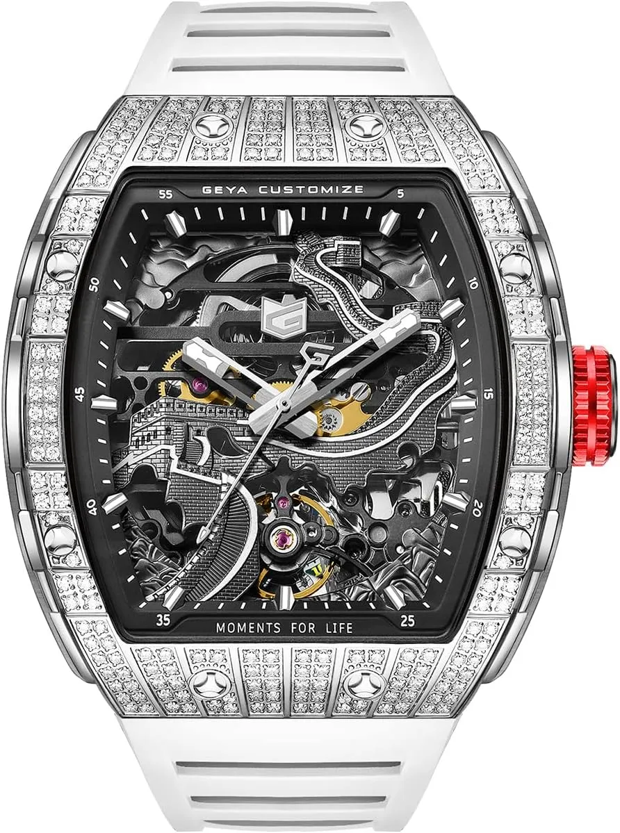 Redhai Automatic Mechanical Watch Skeleton Stainless 50M Waterproof Anti Shock Casual Diver Men Wrist Watch Sterling Watches Chronograph Analog Business Casual Fashion Adjustable Silicone Band