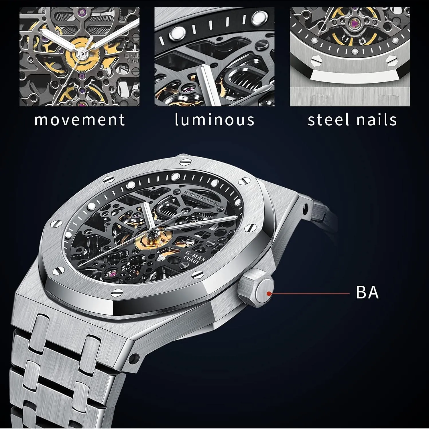 Redhai Automatic Mechanical Watch Skeleton Stainless 50M Waterproof Anti Shock Casual Diver Men Wrist Watch Sterling Watches Chronograph Analog Business Casual Fashion Adjustable Silicone Band