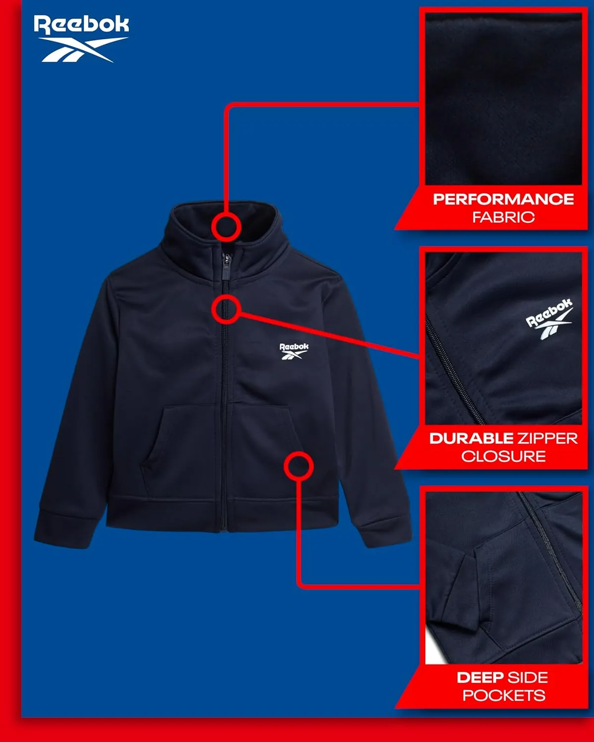 Reebok Baby Boys Tracksuit - 2 Piece Athletic Tricot Infant Toddler Baby Boy Outfits with Zip Up Track Jacket & Boys Joggers