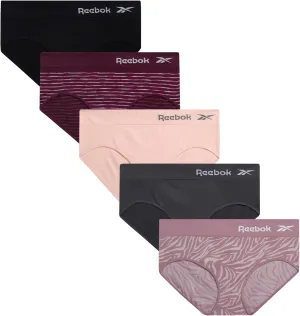 Reebok Hipster Panties for Women - 5 Pack Stretch Performance Seamless Underwear with Relaxed Tagless Waist (S-XL)