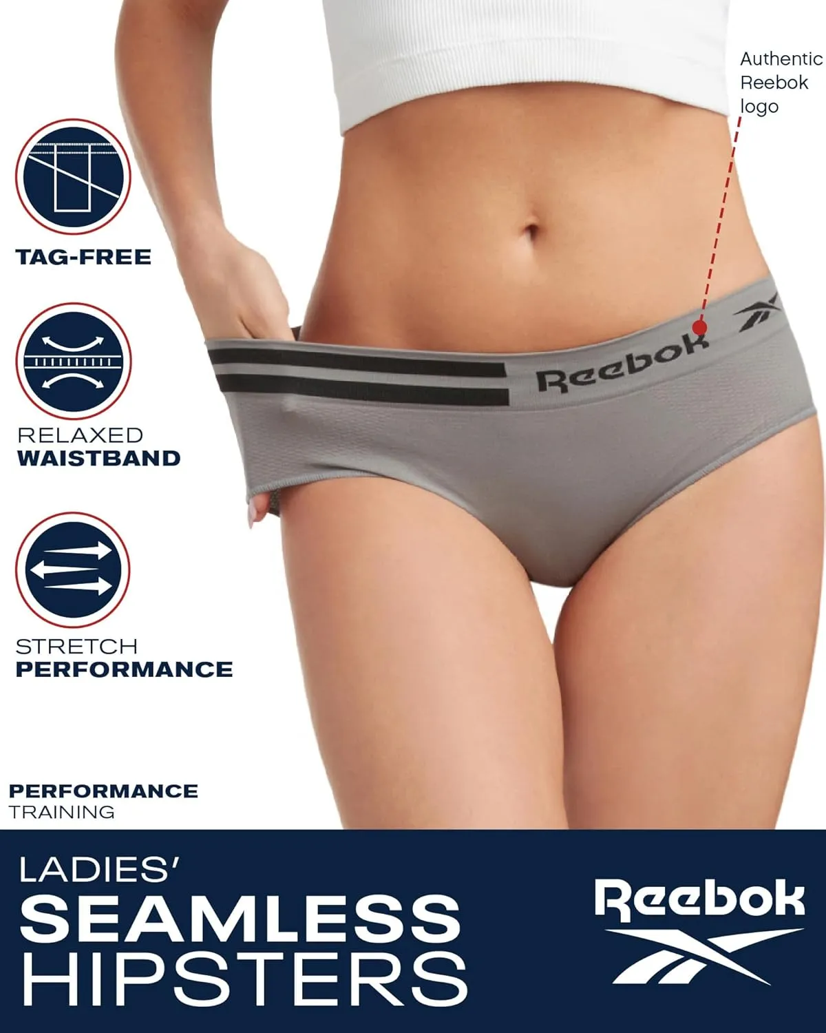 Reebok Hipster Panties for Women - 5 Pack Stretch Performance Seamless Underwear with Relaxed Tagless Waist (S-XL)