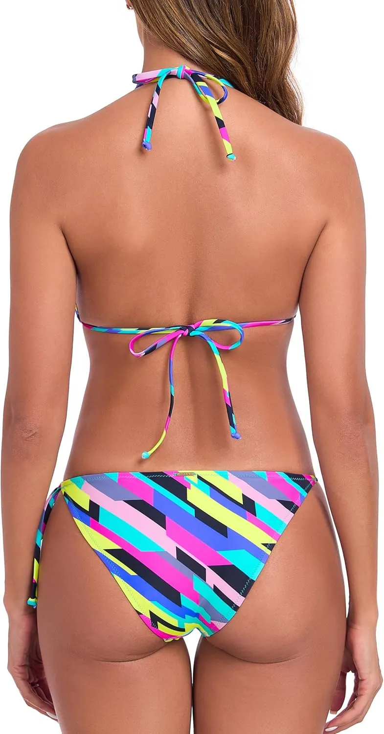 RELLECIGA Women's Triangle Two Piece Swimsuit Bead Halter Bikini Sets String Bathing Suits