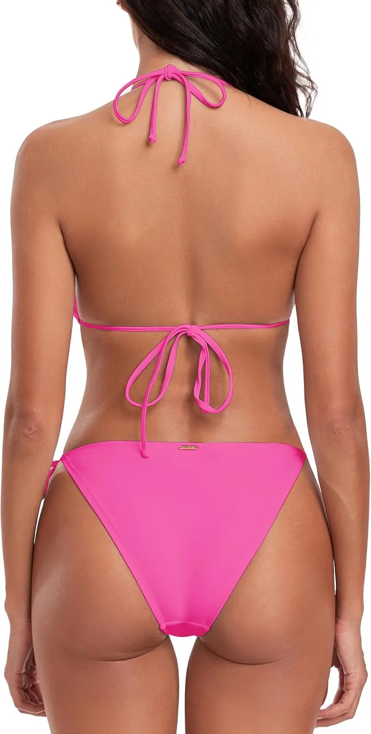 RELLECIGA Women's Triangle Two Piece Swimsuit Bead Halter Bikini Sets String Bathing Suits