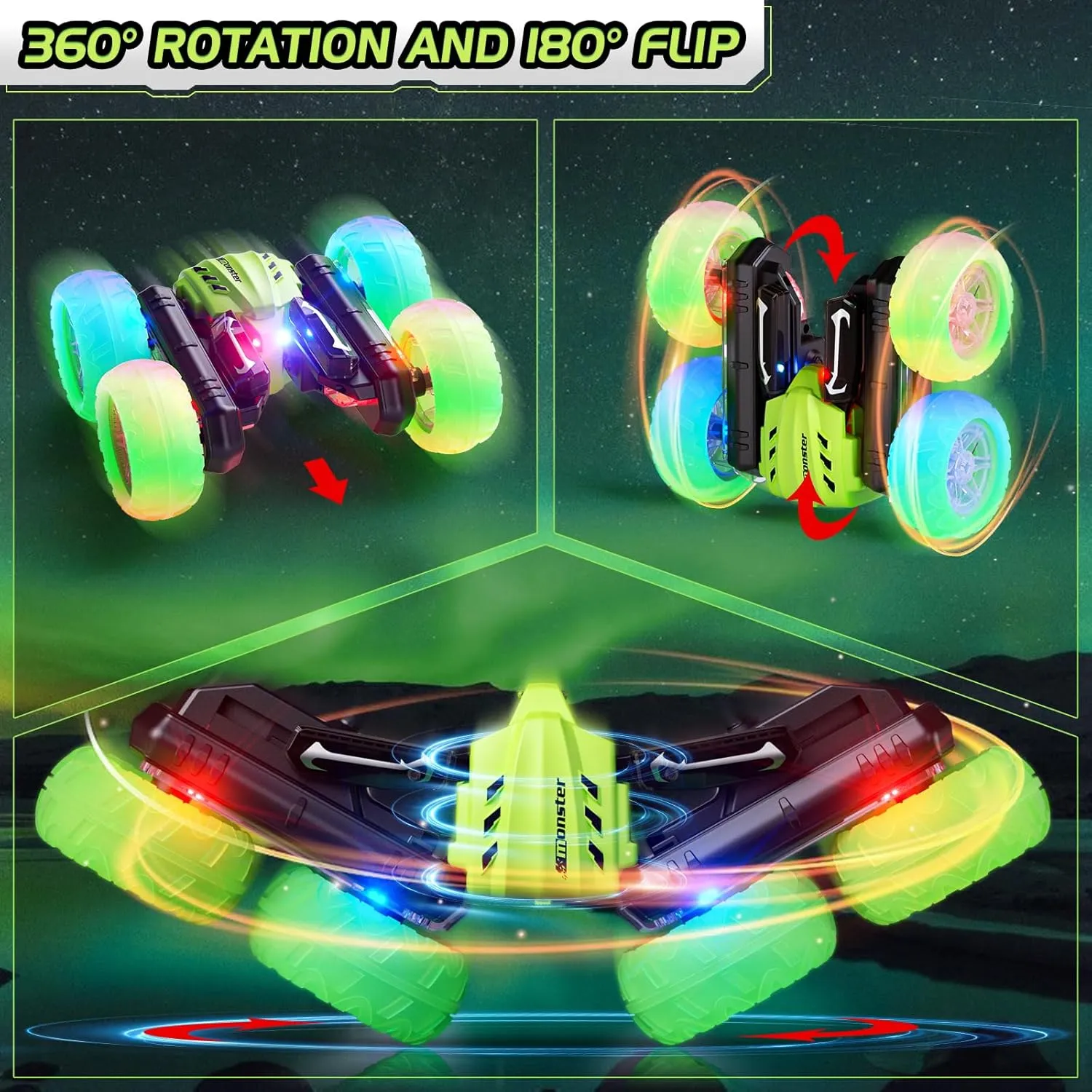 Remote Control Car for Boys Girls 3-12, Birthday Toy for Kids Age 4 5 6 7 8, 360° Flips Double-Side RC Stunt Cars with Headlight Wheel Light (Green)