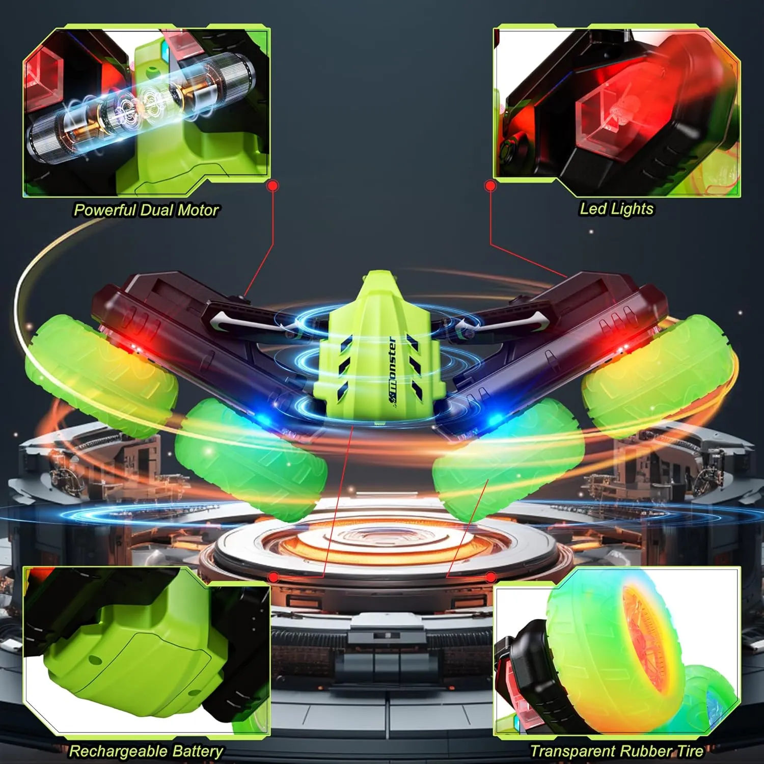 Remote Control Car for Boys Girls 3-12, Birthday Toy for Kids Age 4 5 6 7 8, 360° Flips Double-Side RC Stunt Cars with Headlight Wheel Light (Green)