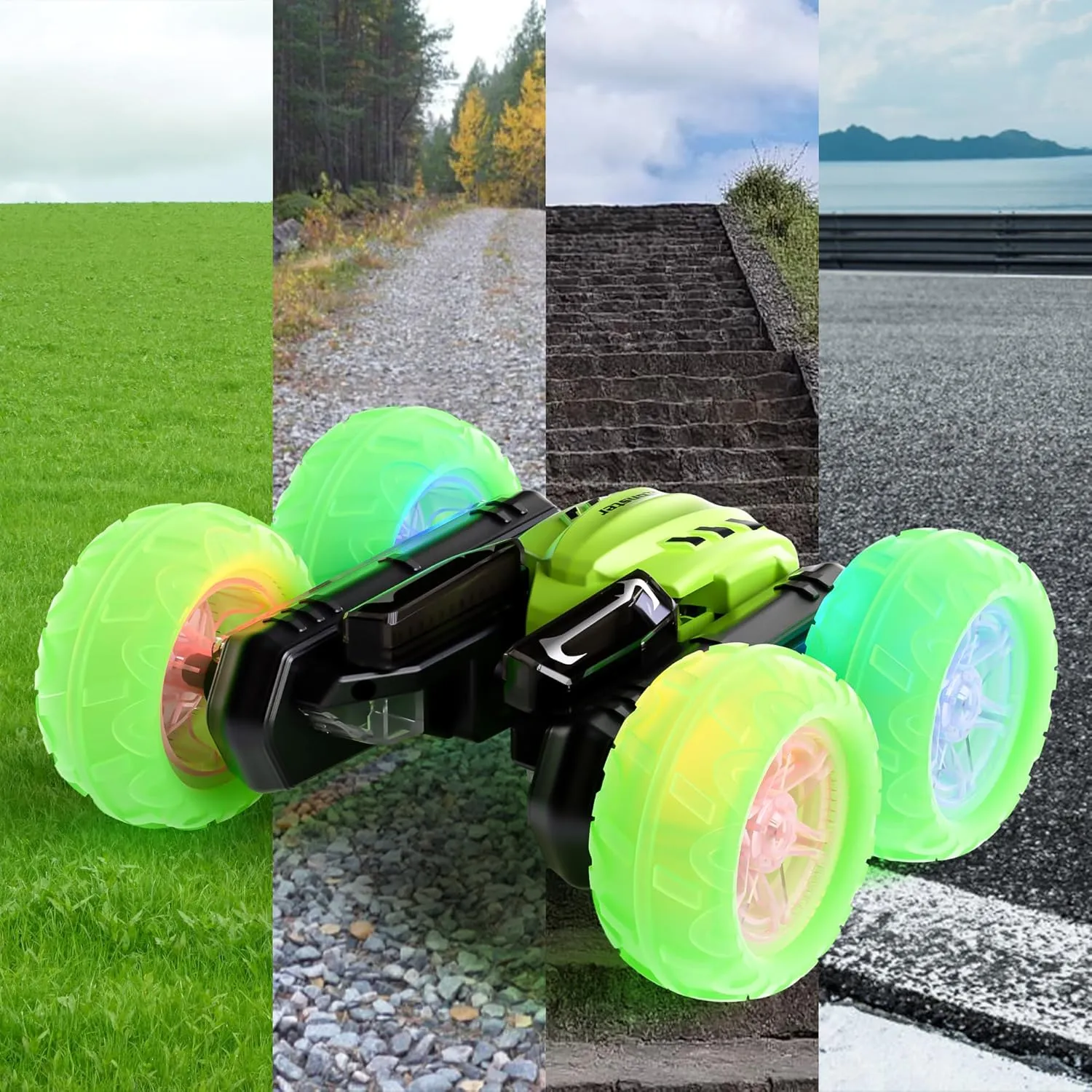 Remote Control Car for Boys Girls 3-12, Birthday Toy for Kids Age 4 5 6 7 8, 360° Flips Double-Side RC Stunt Cars with Headlight Wheel Light (Green)