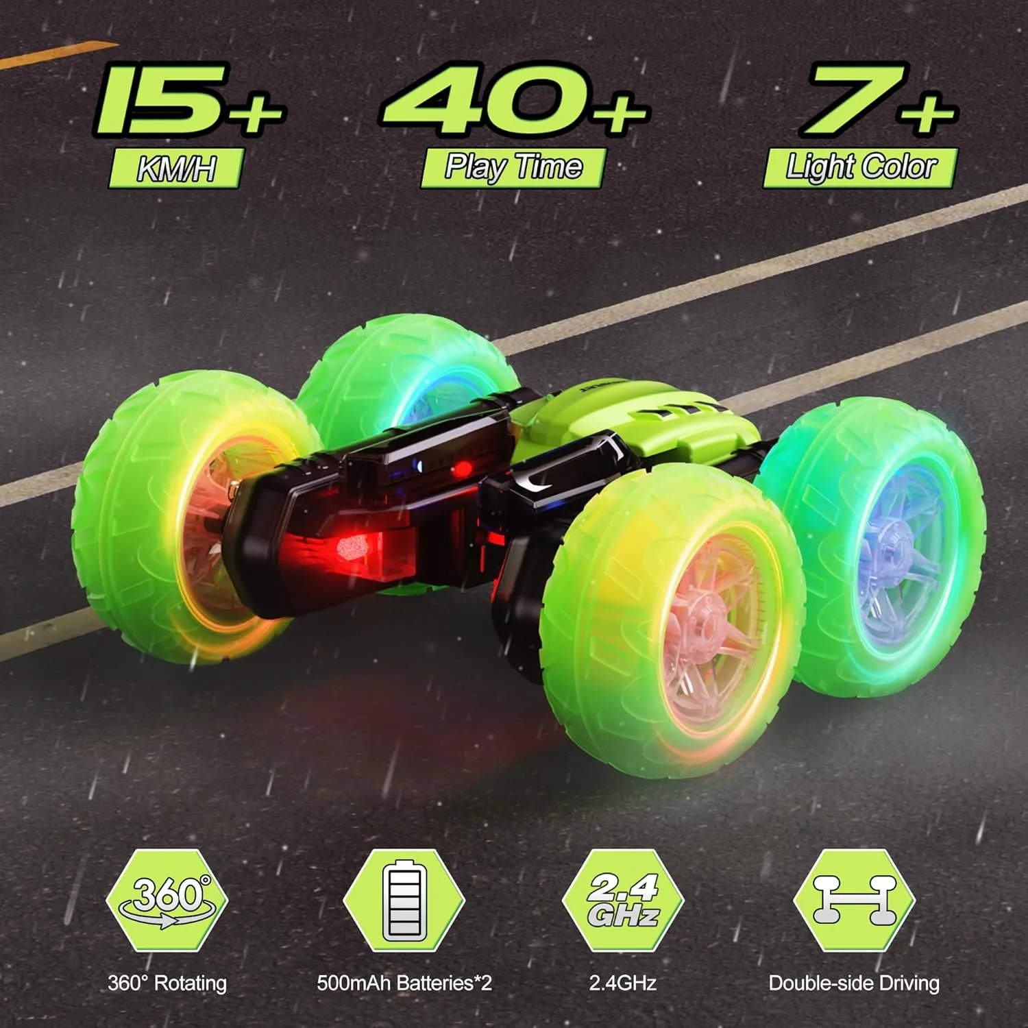 Remote Control Car for Boys Girls 3-12, Birthday Toy for Kids Age 4 5 6 7 8, 360° Flips Double-Side RC Stunt Cars with Headlight Wheel Light (Green)
