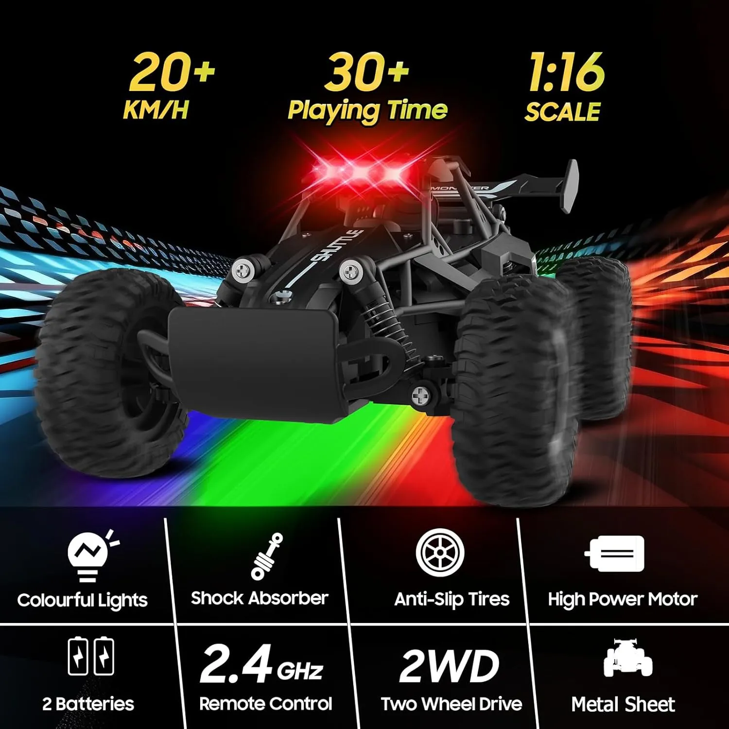 Remote Control Car for Kids 3 4 5 6 7 , 20 KM/H High-Speed RC Cars with LED Lights, 2.4GHz 2WD Monster Truck Toys, Rechargeable RC Car, Toy Cars for Girls Boys, Christmas & Birthday Gifts–Black