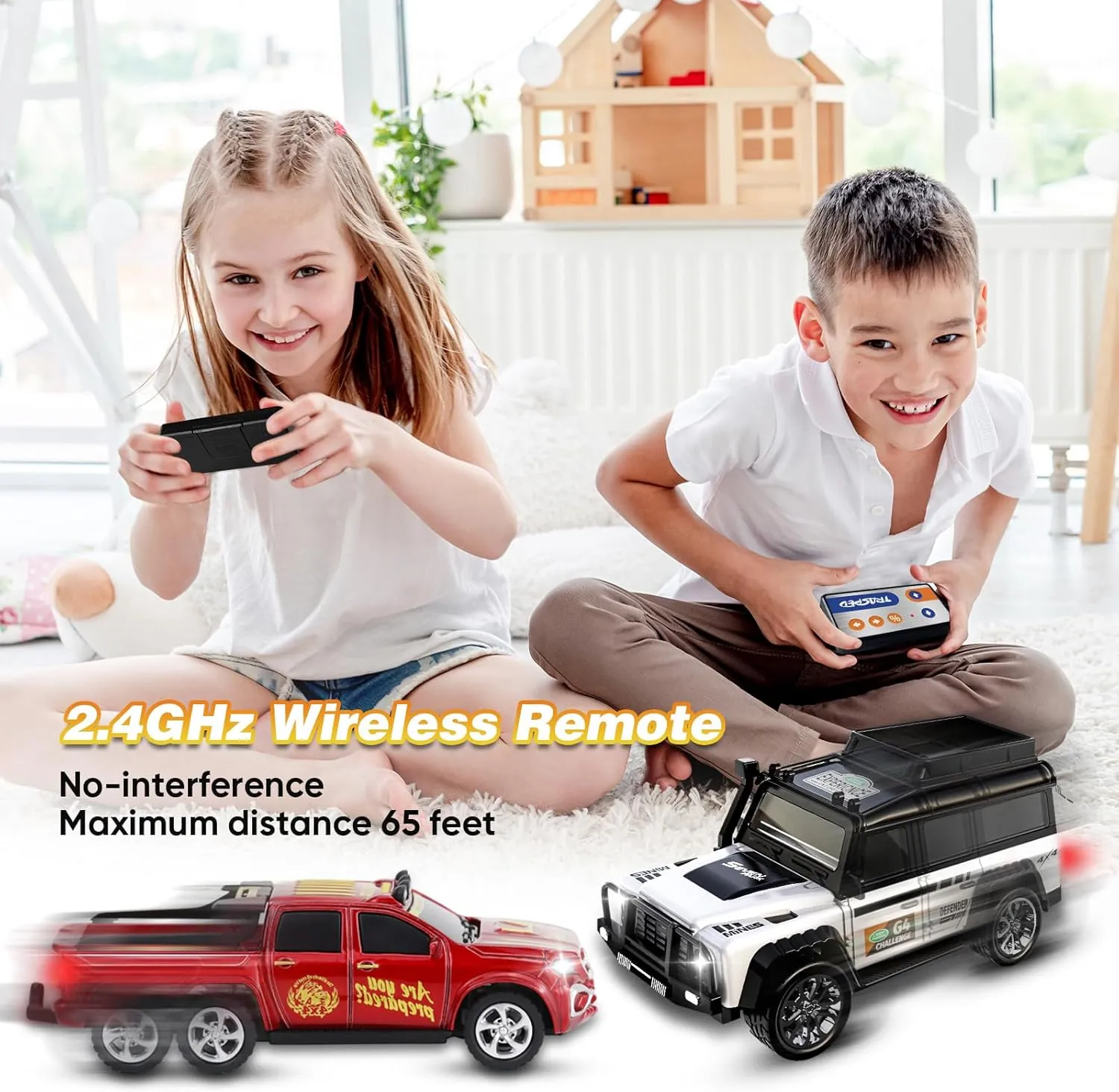 Remote Control Car for Kids 6 , 2.4Ghz Adjustable Speed RC Cars with Car Lights, USB-C Recharging, 1:64 Scale Alloy Off-Road Toy Cars with Trailer, Festive Gift for Kids