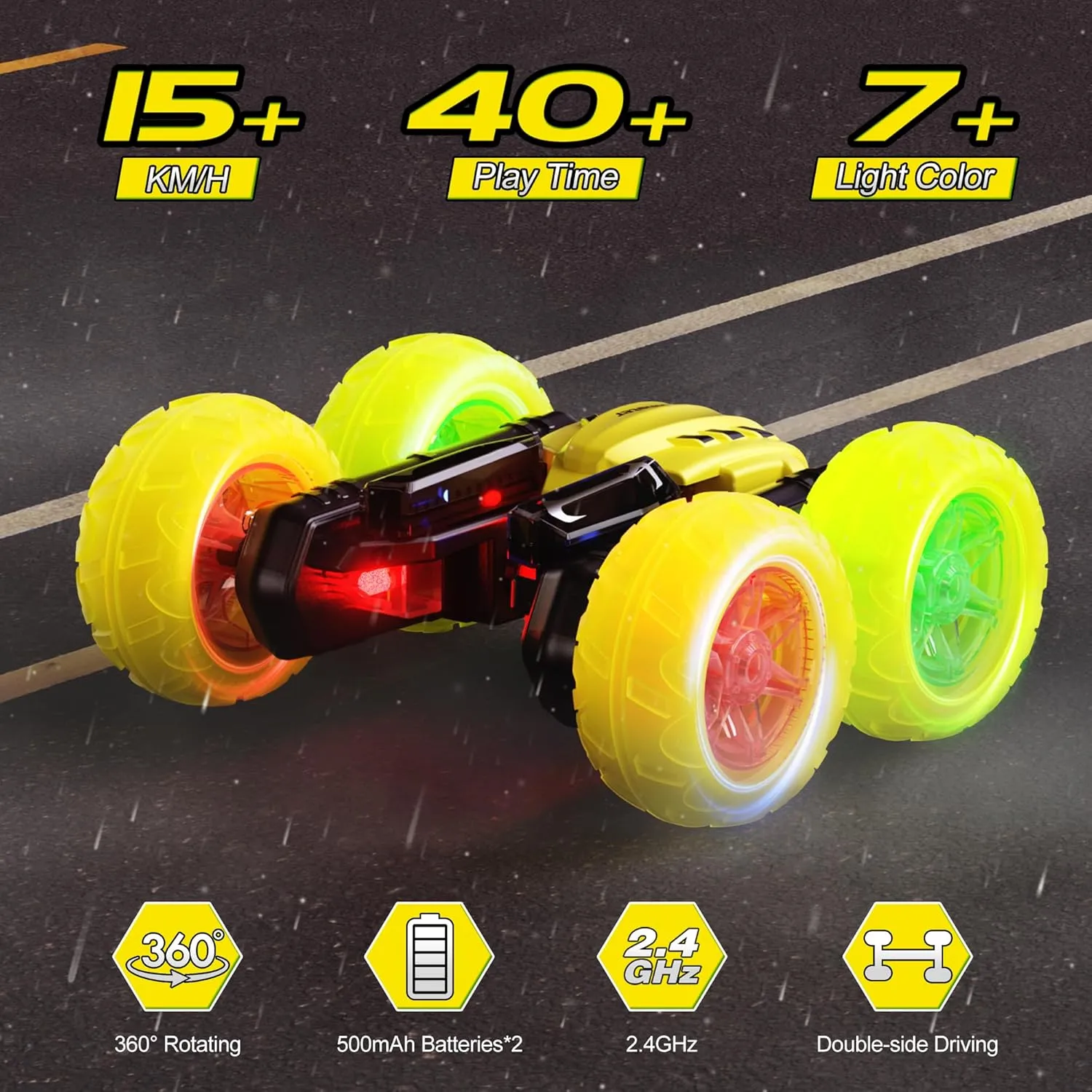 Remote Control Car RC Stunt Cars, 360° Rotating RC Race Car Toy with Headlight Wheel Light, 2.4Ghz Double-Side Roll 4WD Toy Car, Birthday Gifts for Boys Girls Age 3  Year Old Kids Toys (Yellow)
