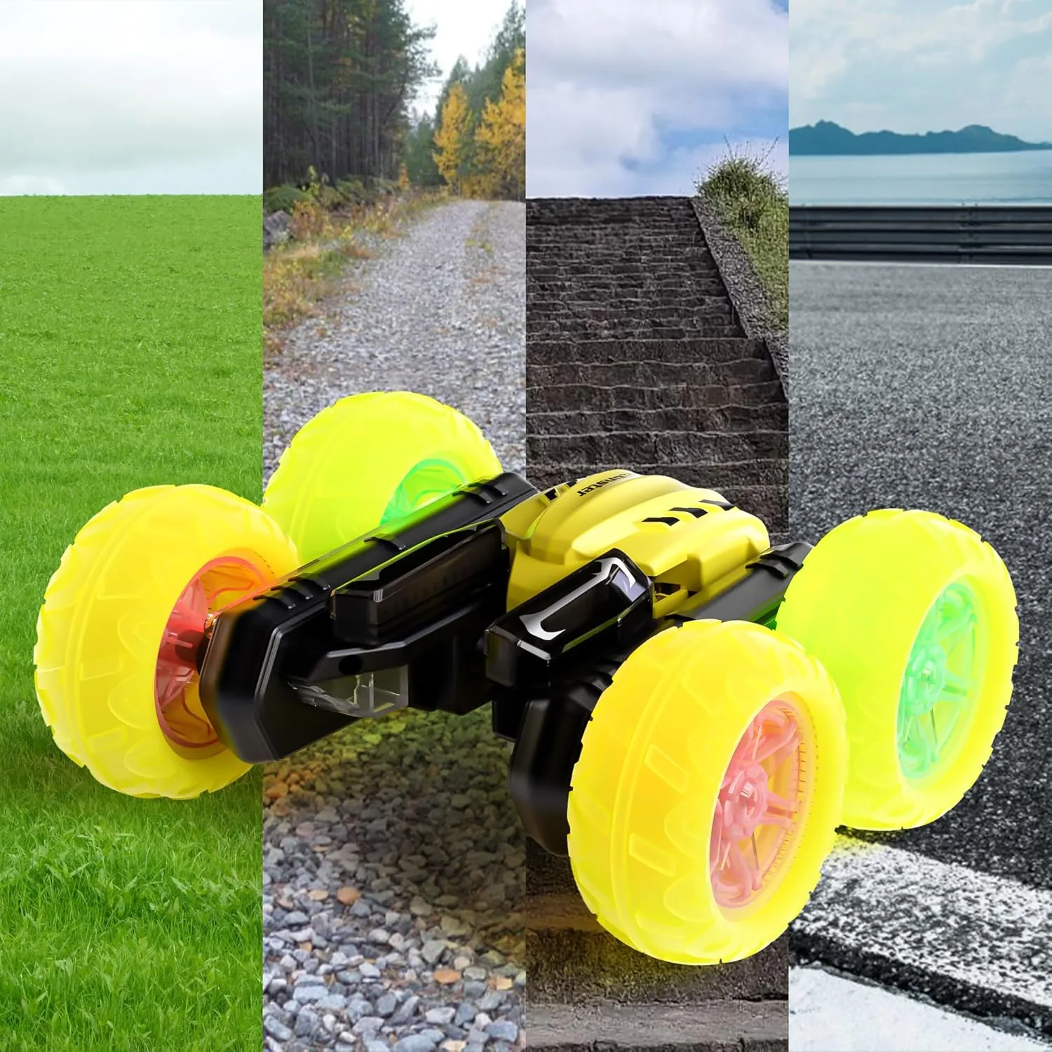 Remote Control Car RC Stunt Cars, 360° Rotating RC Race Car Toy with Headlight Wheel Light, 2.4Ghz Double-Side Roll 4WD Toy Car, Birthday Gifts for Boys Girls Age 3  Year Old Kids Toys (Yellow)