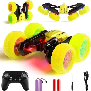 Remote Control Car RC Stunt Cars, 360° Rotating RC Race Car Toy with Headlight Wheel Light, 2.4Ghz Double-Side Roll 4WD Toy Car, Birthday Gifts for Boys Girls Age 3  Year Old Kids Toys (Yellow)