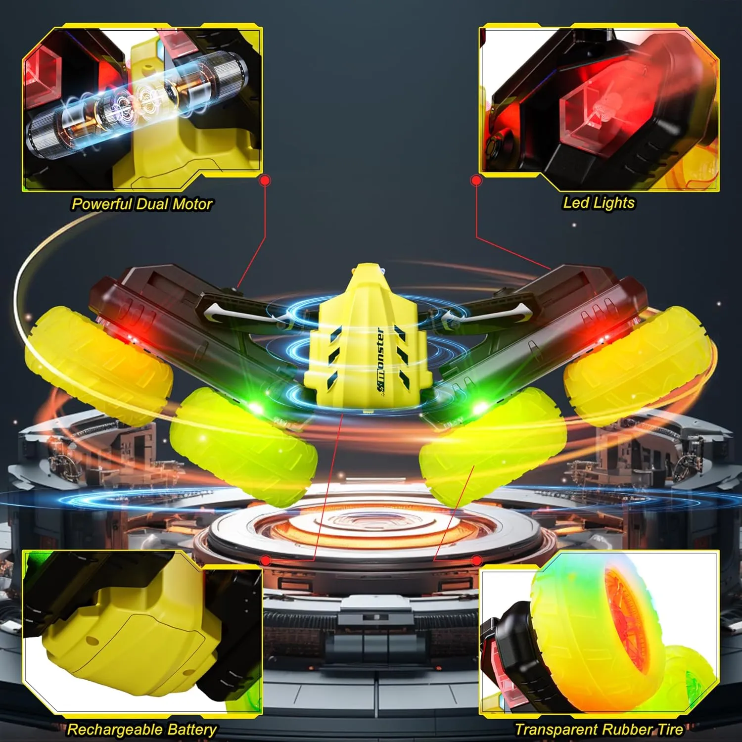 Remote Control Car RC Stunt Cars, 360° Rotating RC Race Car Toy with Headlight Wheel Light, 2.4Ghz Double-Side Roll 4WD Toy Car, Birthday Gifts for Boys Girls Age 3  Year Old Kids Toys (Yellow)