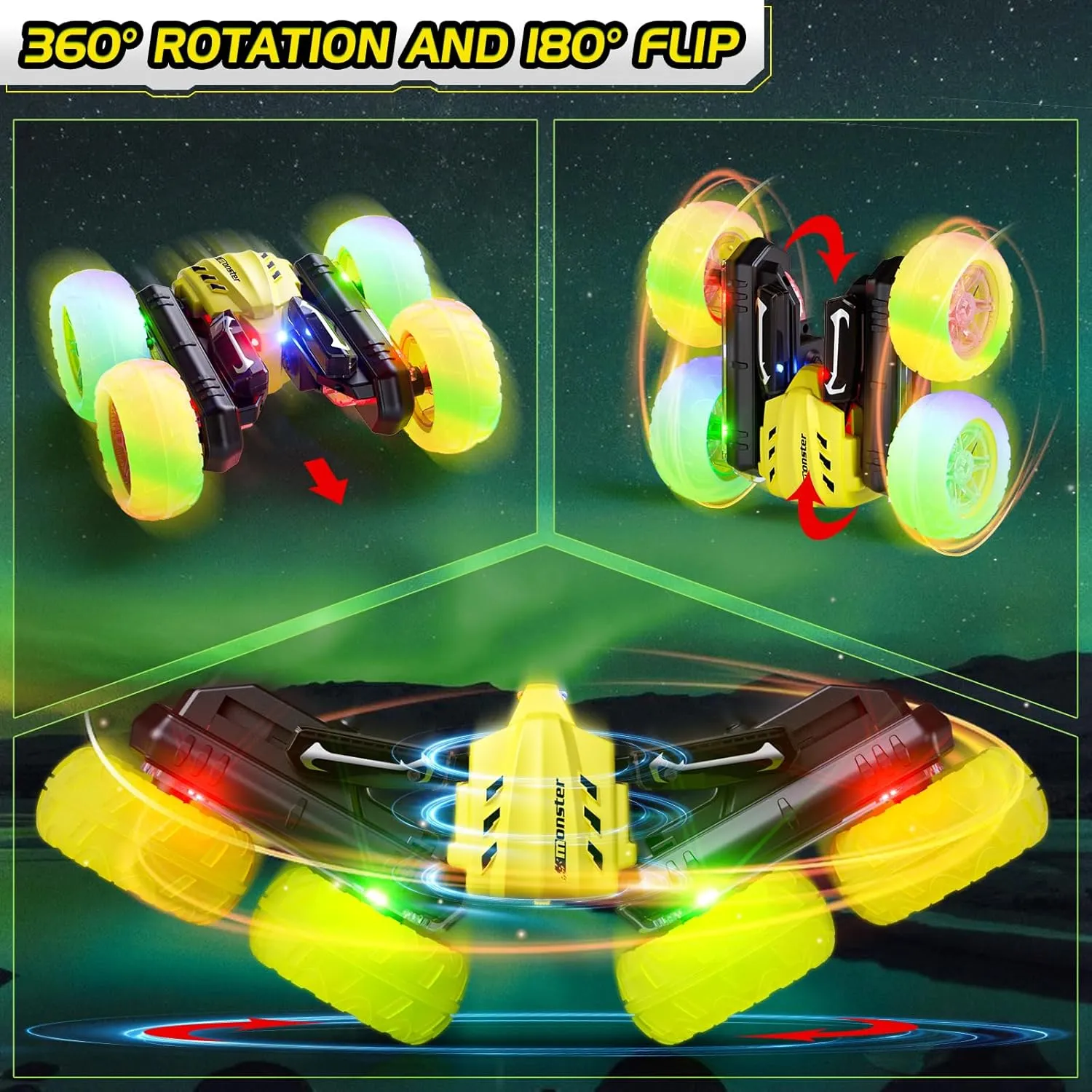 Remote Control Car RC Stunt Cars, 360° Rotating RC Race Car Toy with Headlight Wheel Light, 2.4Ghz Double-Side Roll 4WD Toy Car, Birthday Gifts for Boys Girls Age 3  Year Old Kids Toys (Yellow)