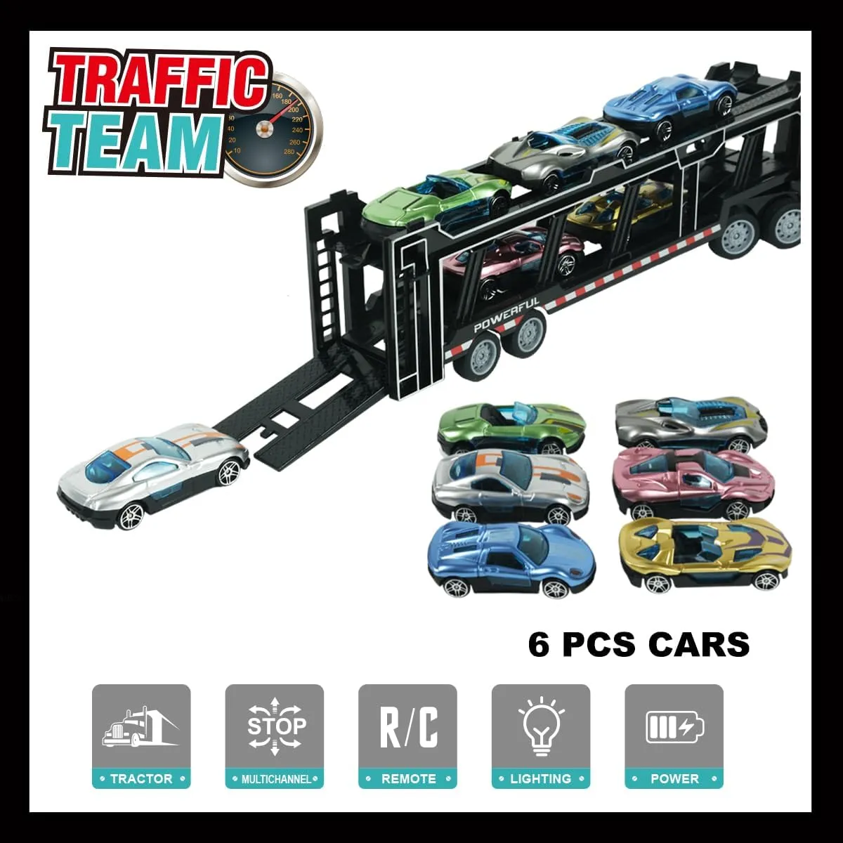 Remote Control Car Transporter Truck Includes 6 Cars, 14" 1:48 Car Transporter Semi Truck Toy, Equipped with 2 Rechargeable Batteries, Gifts Ideas for Boys Age 3-8 Year Old