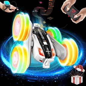 Remote Control Car - Double-Sided 360° Rotating, 4WD, 2.4GHz Rechargeable with LED Light and Music, RC Stunt Cars Toy for Boys and Girls on Birthdays Orange