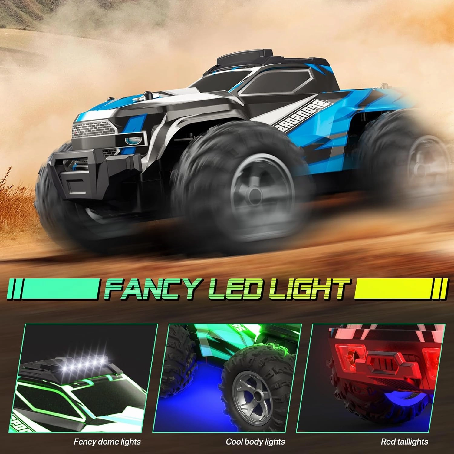 Remote Control Car for Boys, 1:16 Scale All Terrain RC Cars,High Speed 25Km/h Fast Car with Colorful Led Light and Spray, 2x1300mAh Rechargeable Battery RC Truck, Toy Car Gift for Teen Boys Girl Kids