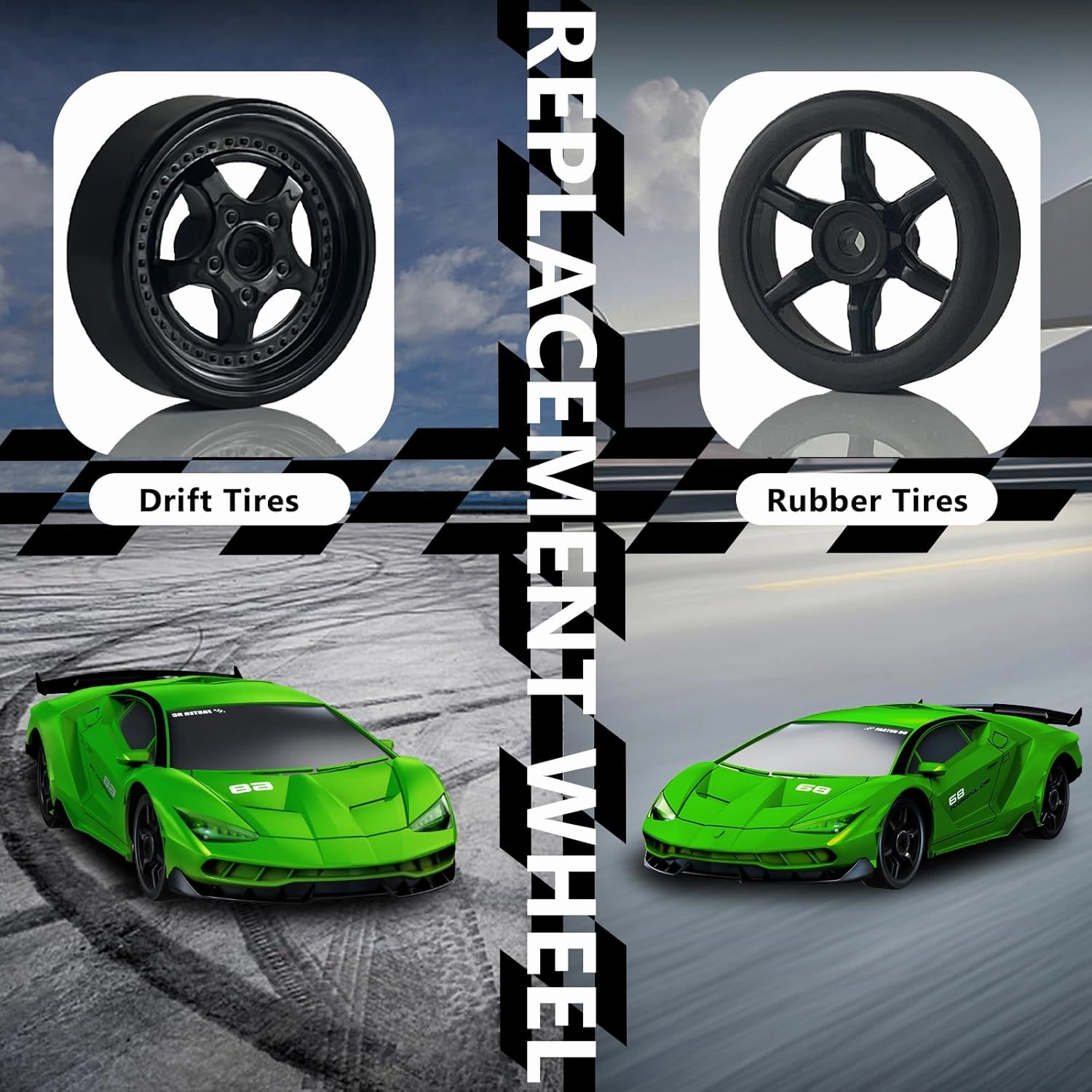 Remote Control Car RC Drift Car 2.4GHz 1:24 4WD 15KM/H High Speed Racing Sport Car with LED Lights Drifting Tire Racing Sport Toy for Adults Boys Girls Kids Gift 2Pcs Rechargeable Batteries