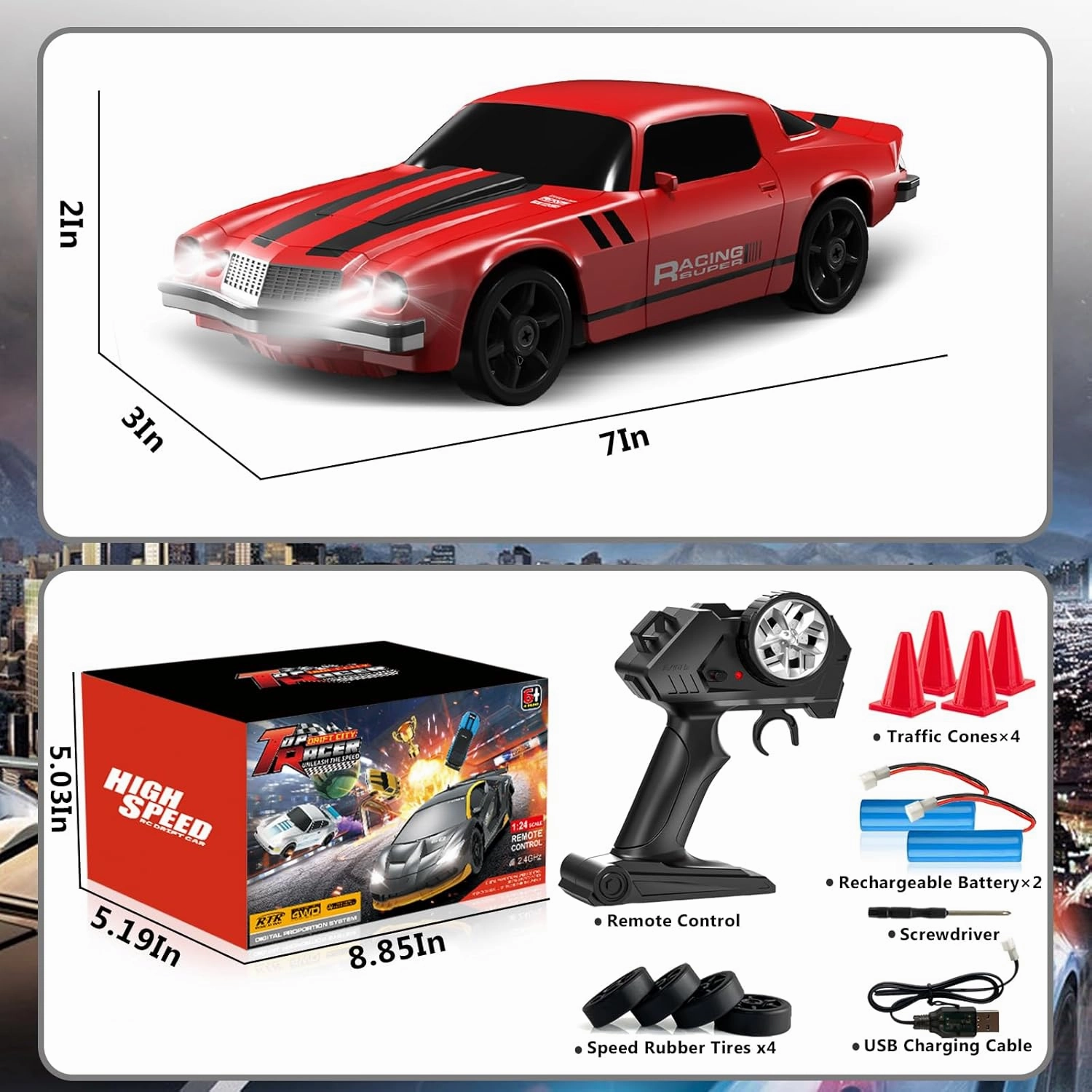 Remote Control Car RC Drift Car 2.4GHz 1:24 4WD 15KM/H High Speed Racing Sport Car with LED Lights Drifting Tire Racing Sport Toy for Adults Boys Girls Kids Gift 2Pcs Rechargeable Batteries